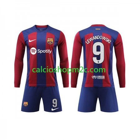 Barcellona LEWANDOWSKI 9 Bambino Maglia Prima 2023/2024 Manica Lunga (+ Pantaloncini)